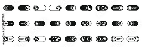 Night day mode icons set. Set of simple black and white vector icons representing day and night mode toggle switch, changing setting from light to dark