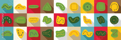 Ant trail icons set. Ants are following each other, creating different trails on various colorful backgrounds