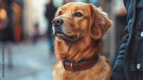 Golden retriever dog with shiny coat and brown leather collar stands proudly in urban setting, exuding sense of loyalty and companionship