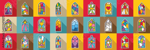 Church glass icons set. Collection of colorful church stained glass windows with various religious symbols in a modern flat design with long shadows