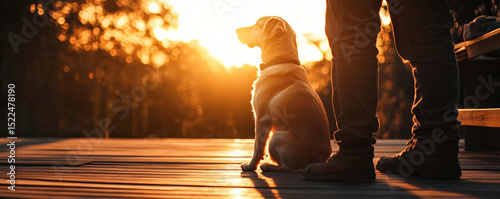 Dog sitting beside person during sunset, creating warm and serene atmosphere. silhouette of dog and person against glowing sun evokes sense of companionship and tranquility