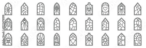 Church glass icons set. Collection of monochrome illustrations representing different shapes and symbols of stained glass windows typically found in churches