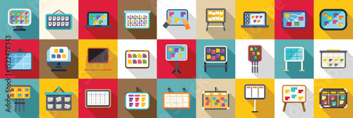 Scrum board icons set. Various colorful kanban boards, both physical and digital, illustrate agile project management and workflow visualization