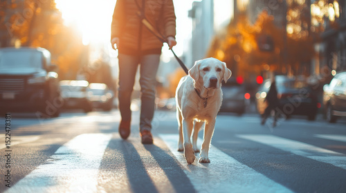 Person walks guide dog across city street during sunset, surrounded by urban scenery and autumn foliage. warm light creates serene atmosphere, highlighting bond between individual and dog