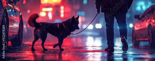 Moody urban scene featuring dog and its owner walking in rain, illuminated by colorful city lights. atmosphere is vibrant yet reflective, capturing moment of connection