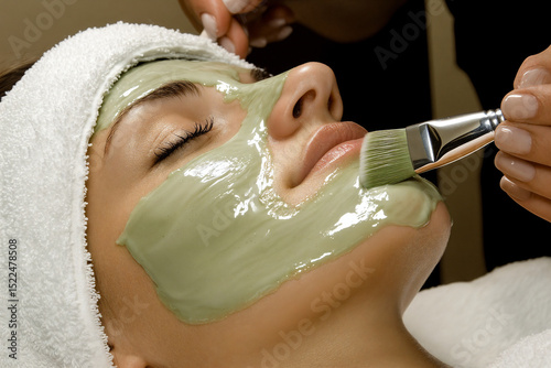 Close-up of woman receiving green facial mask treatment at spa. Skincare procedure with brush application for glowing, hydrated skin.