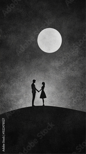 a minimalist silhouette of a couple holding hands under the moonlight, black and white style, clean background, romantic mood, empty space, paper texture 