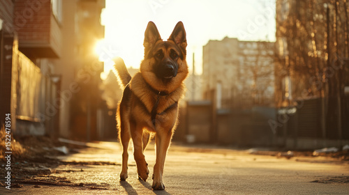 Well trained German Shepherd walks confidently down sunlit urban street, showcasing its strong physique and alert demeanor. warm glow of sunset enhances scene, creating serene atmosphere