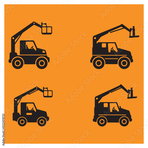 Vector illustration of four black silhouetted boom lifts on an orange construction background