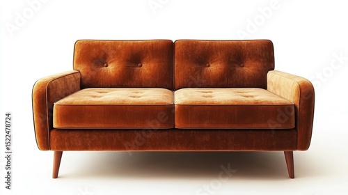 Earth-toned vintage couch with button detailing and clean mid-century lines on a neutral backdrop