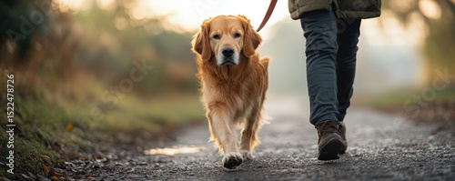 Person walks golden retriever dog along scenic path during sunset, showcasing warm and peaceful atmosphere. dog appears well trained and content, embodying companionship and joy