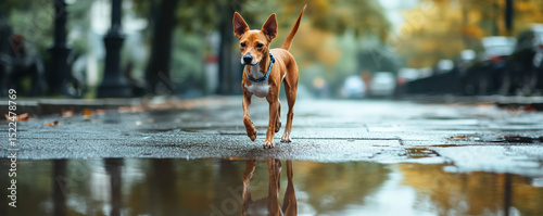 Basenji dog walks confidently on rainy street, reflecting vibrant autumn colors in puddles. scene captures serene moment, showcasing beauty of nature and companionship