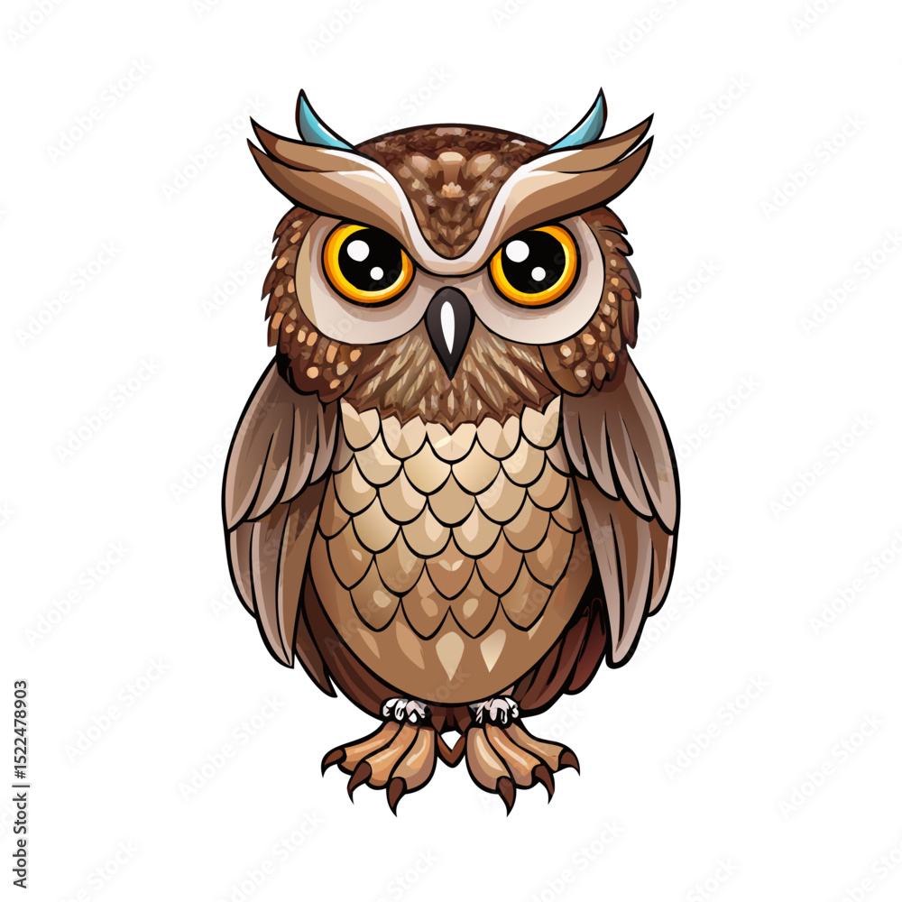 Naklejka premium Vector illustration of a wise-looking owl with detailed feathers and piercing eyes, isolated on a white background.