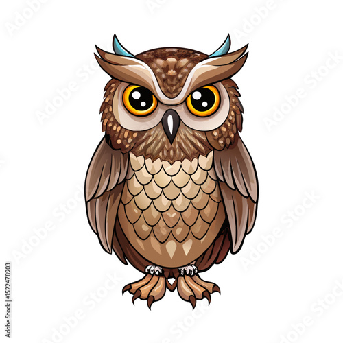 Vector illustration of a wise-looking owl with detailed feathers and piercing eyes, isolated on a white background.