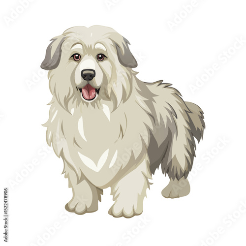 Vector illustration of a fluffy sheepdog with a thick coat and gentle eyes, isolated on a white background.