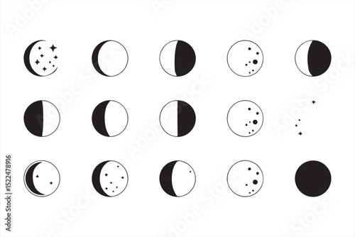 Mystical Moon and Constellation Symbols Arranged in Circular Mandala Style with Astrology and Celestial Themes