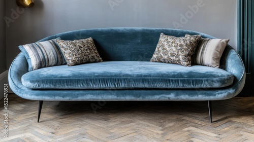 Faded blue retro sofa with slim legs and patterned cushions sitting on a herringbone wood floor