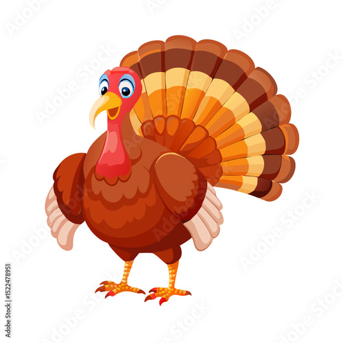 Vector illustration of a plump turkey with rich, layered feathers and a proud stance, standing on a white background.