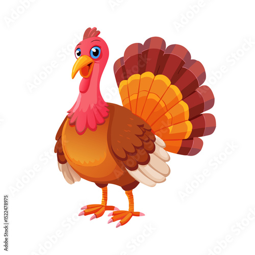 Vector illustration of a plump turkey with rich, layered feathers and a proud stance, standing on a white background.