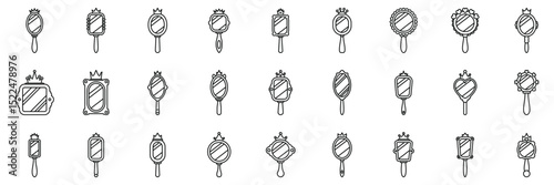 Princess mirror icons set. Various hand mirrors, each adorned with a crown, showcasing different shapes and styles, creating a sense of elegance and beauty