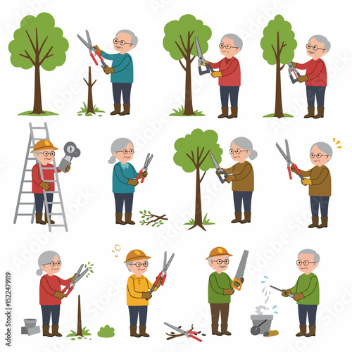 Senior people trimming tree with garden tools