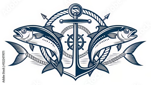 A nautical crest featuring twin tuna flanking an anchor, done in vintage tattoo style.