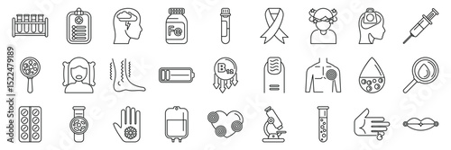 Anemia icons set. Icons representing multiple sclerosis, depicting symptoms, diagnostic tools, and treatment options, emphasizing medical research and healthcare support