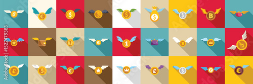 Coin wing icons set. Coins and money bags sprouting wings and flying away, symbolizing financial loss, volatility, and the ephemeral nature of wealth