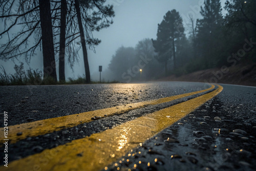 A close-up view of a wet asphalt road