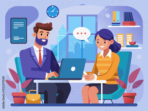 Flat design of consultant and client interaction using headset in contemporary office scene