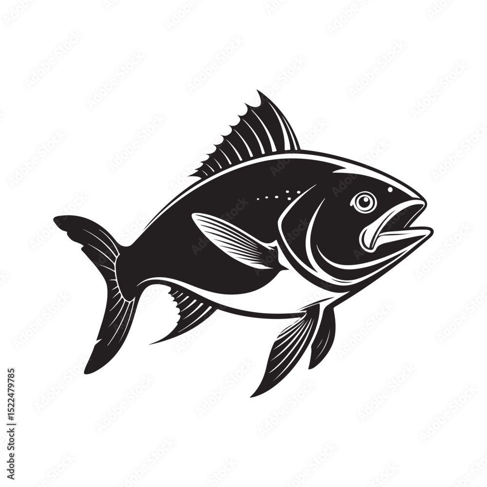 Black Fish Silhouette Icon, Minimalist Vector Illustration of Sea Animal on White Background Black Fish Silhouette Icon, Minimalist Vector Illustration of Sea Animal on White Background
