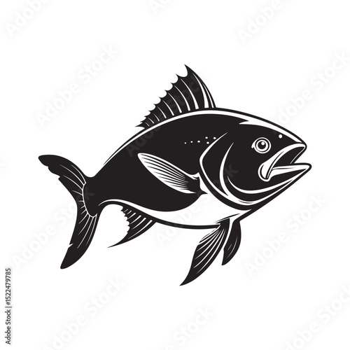 Black Fish Silhouette Icon, Minimalist Vector Illustration of Sea Animal on White Background