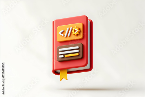 3D Render of a Red Book with Coding and Data Icons