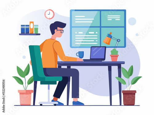Developer focused on coding with minimal desk setup and coffee cup nearby