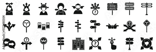 Choosing multiple directions icons set. Black and white icons showing people making decisions and choosing directions with road signs, arrows, and question marks