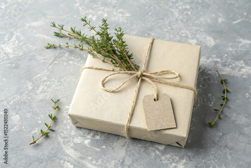 A light beige gift box is centered on a gray textured surface