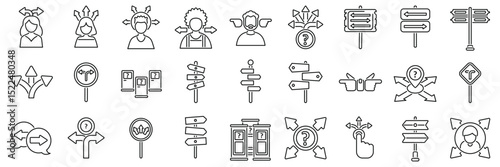 Choosing multiple directions icons set. Conceptual icons representing decision making, featuring people making choices, arrows pointing in multiple directions, and various signposts indicating