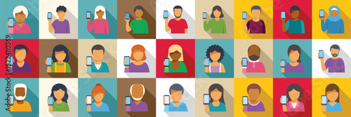 People show smartphone screen icons set. Diverse individuals showcasing smartphones, highlighting inclusivity and accessibility in mobile technology