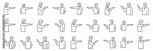 Man pointing finger forward icons set. Line art icons of people pointing their fingers in various directions, symbolizing showing, indicating, choosing, or accusing