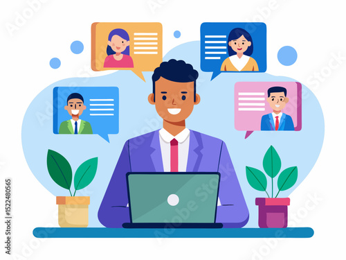 Businessperson participating in remote video conference meeting using laptop with active chat interface