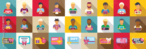 Man hold gift certificate icons set. Diverse group of people holding various gifts, gift cards, and certificates, celebrating special occasions