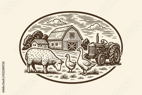 Farm emblem with sheep goose tractor engraving vector illustration