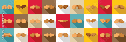 Fist bump icons set. Fist bumping hands showing unity, teamwork, and partnership on a colorful checkered background