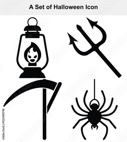 Halloween icon set scythe lantern spider trident