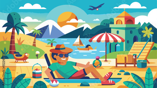 Stylized Beach Scene Relaxing Man in Chair, Sailboat, Palm Trees, and Coastal Landscape