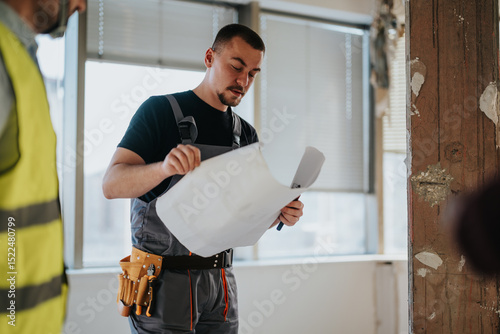 A construction worker in safety overalls reviews blueprints while standing in a partially renovated space with exposed beams, ensuring accuracy in project execution.