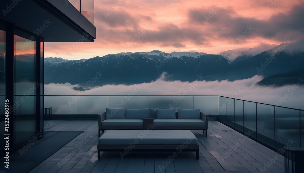 Fototapeta premium Panoramic mountain vista from a modern rooftop terrace.