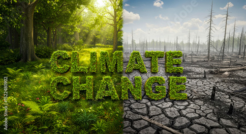 Impact of climate change on ecosystems shown through contrasting lush forests and barren landscapes