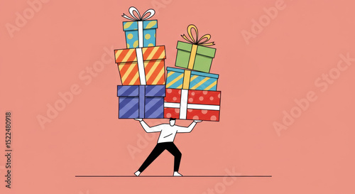 Man balancing multiple colorful gift boxes against a bright background during a festive occasion