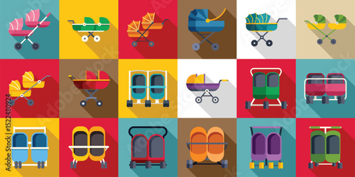 Double pram icons set. Flat design icons of various baby strollers and prams, showcasing diverse options for infant transportation and childcare